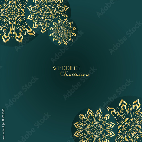 Elegant Gold Mandala Wedding Invitation Template on Dark Green Background