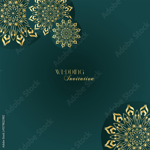 Elegant Gold Mandala Wedding Invitation Template on Dark Green Background