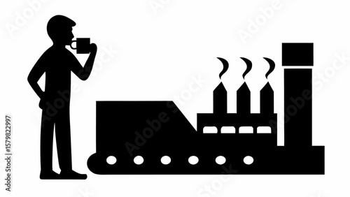 Silhouette of a man drinking from a mug next to a factory with smokestacks and conveyor belt design
