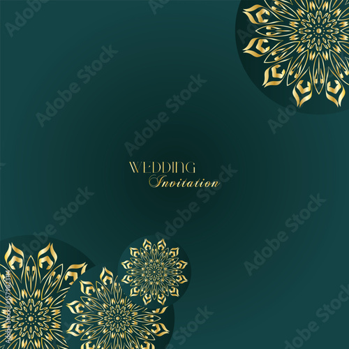 Elegant Gold Mandala Wedding Invitation Template on Dark Green Background