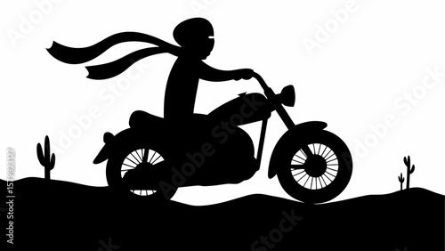 Silhouette of a person riding a motorcycle with a scarf in a desert landscape with cacti and sand