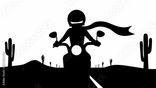Silhouette of motorcyclist with scarf riding through desert landscape with cacti and road ahead view at eye level