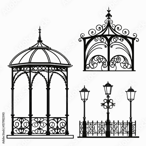 Ornate black metal gazebo fence and lampposts baroque decorative