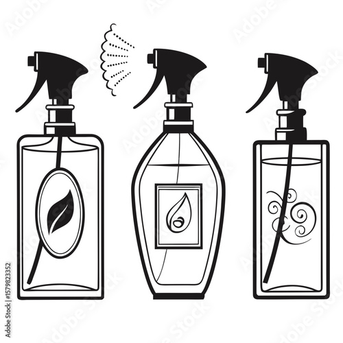 Perfume bottles with sprayers and decorative elements fragrance cosmetic