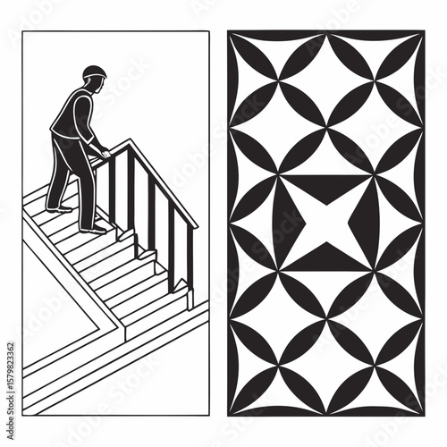 Person ascending stairs beside geometric pattern railing tessellation