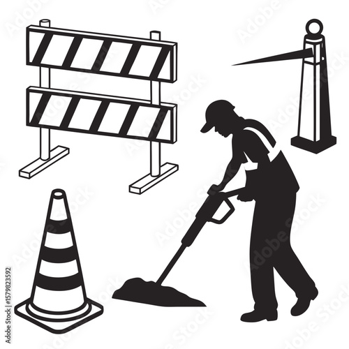 Roadwork worker barrier cone and barrier gate construction jackhammer