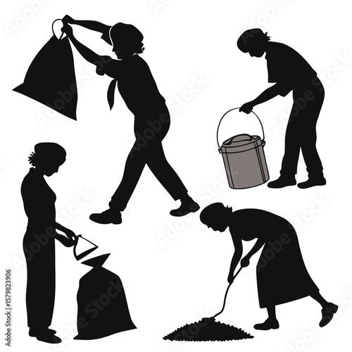 Silhouettes of people performing manual labor and carrying items digging