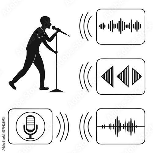 Singer performing with audio waveform and microphone icons sound wave music