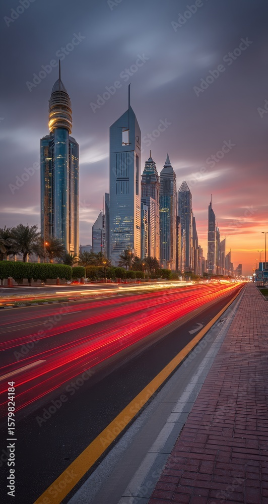Obraz premium City skyline at sunset, blurred car trails