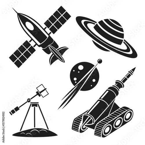 Space exploration icons rocket satellite planet telescope vector