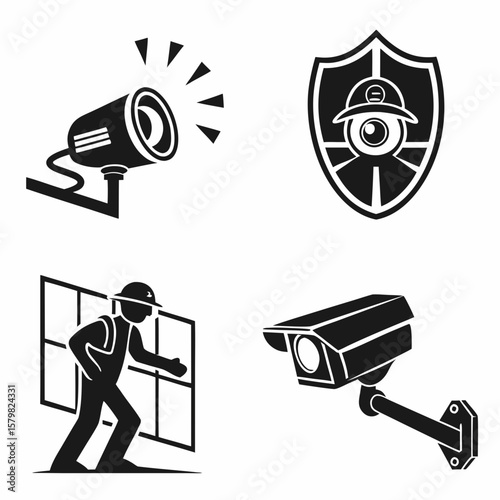 Surveillance security icons with cameras and guard shield