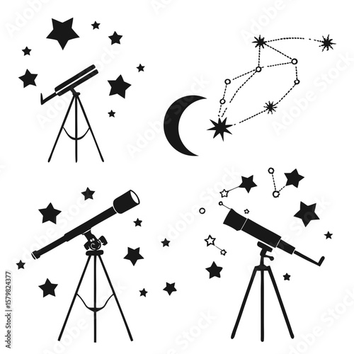Telescopes observing starry night sky and celestial constellations stargazing astronomy