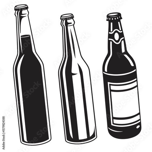 Three black bottle silhouettes on white background beverage drink