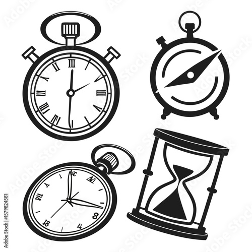 Vintage timekeeping devices and hourglass silhouette collection clock stopwatch