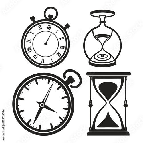 Vintage timekeeping devices pocket watch hourglass stopwatch clock
