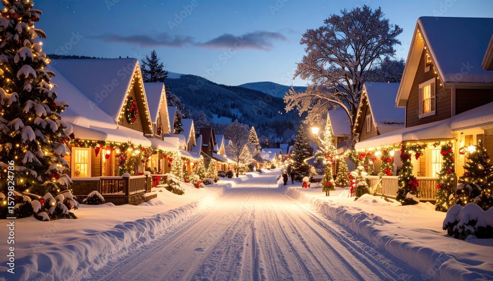 Fototapeta premium Snowy Christmas town street at night