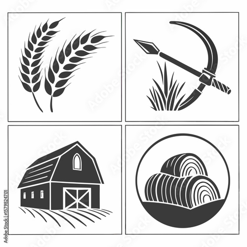 Wheat sickle barn hay bales harvest symbols grain scythe
