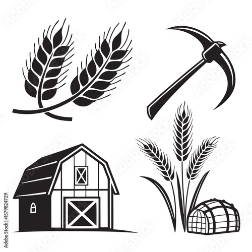 Wheat stalks barn sickle and greenhouse icons harvest