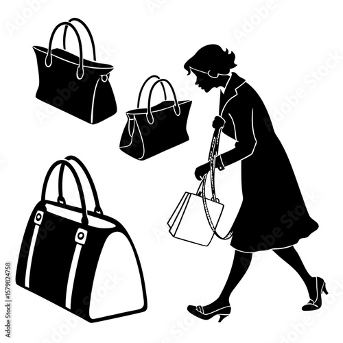 Woman with handbags silhouette tote bag clutch