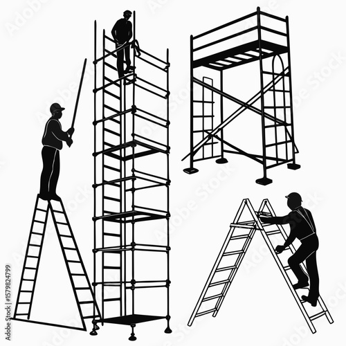 Workers assembling scaffolding and climbing ladders construction building