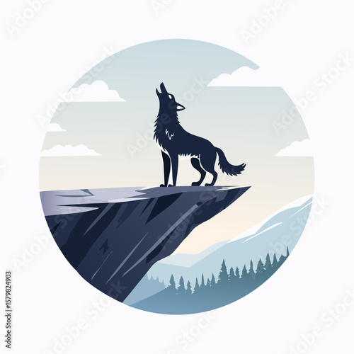 Flat vector illustration of a black silhouette wolf rearing up on its hind legs at the edge of a cliff in a circle form. Strong contrast and bold composition, perfect for modern graphic use