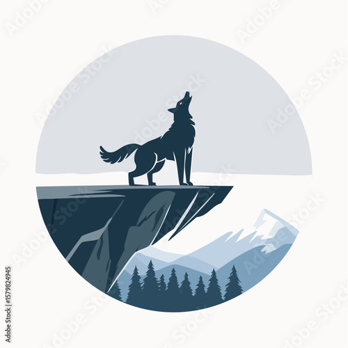 Flat vector illustration of a black silhouette wolf rearing up on its hind legs at the edge of a cliff in a circle form. Strong contrast and bold composition, perfect for modern graphic use