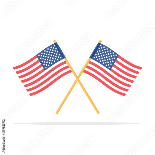 Two crossed American flags, representing patriotism and national pride, with a white background.