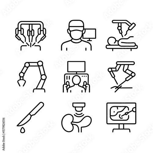 Robotic surgery and medical technology icons. Outline symbols. Line design