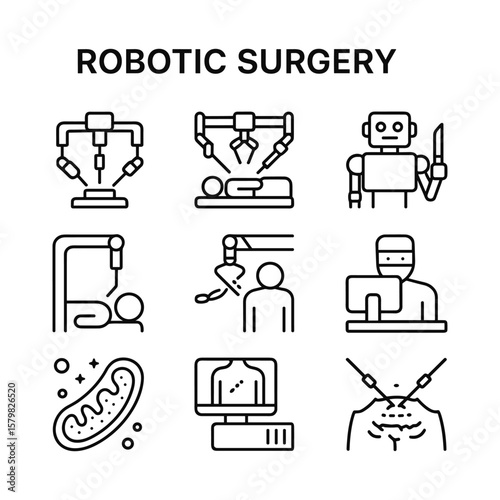 Minimally invasive surgery robot icons. Outline symbols. Line design