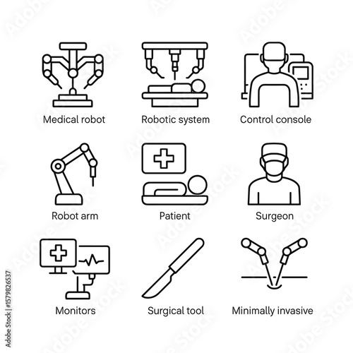 Medical robot and precision surgery icons. Outline symbols. Line design