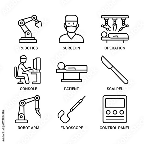 Healthcare robotics and surgery icons. Outline symbols. Line design