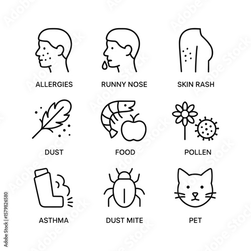Healthcare allergy icons collection. Outline symbols. Line design