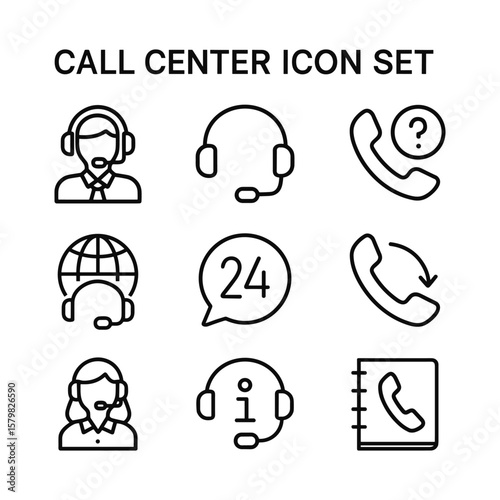 Phone support communication icons. Outline symbols. Line design