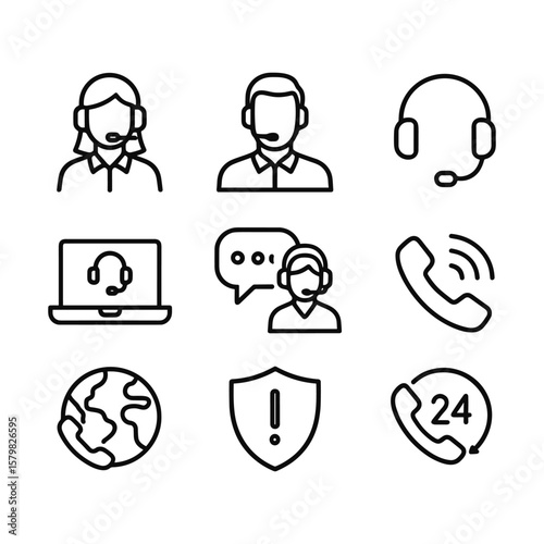 Communication support center icons. Outline symbols. Line design