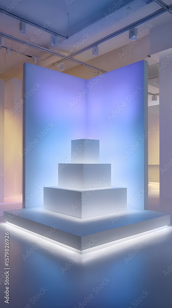 Obraz premium Chic podium setup in a white room with pastel blue gradient corner lighting