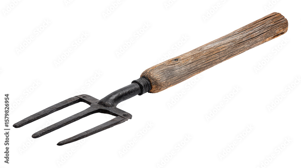 Fototapeta premium Old garden fork isolated on transparent background with wooden handle and metal prongs