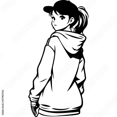 Sketchy sport emblem of girl in baseball cap and hoodie with back turned. Engraving minimalistic vector in black ink drawing on transparent background