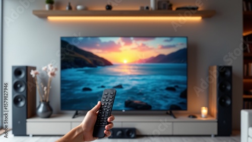 Hand Holding Remote Control in Modern Living Room
