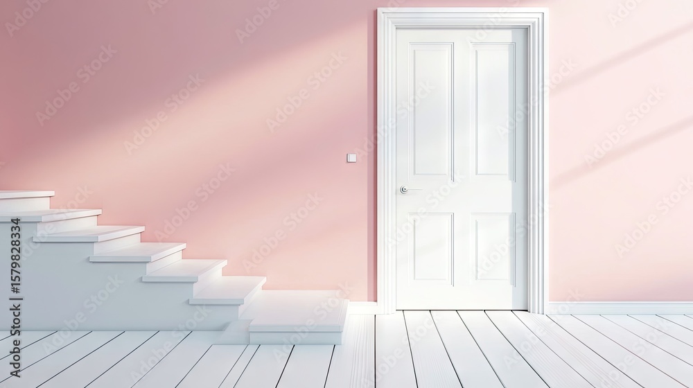 Obraz premium White stairs and a white door in a light pink room.