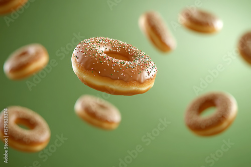 Floating donuts with colorful sprinkles against a soft green background, creating a whimsical atmosphere