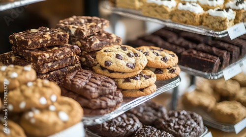A display of various baked goods including cookies brownies and bars arranged on tiered trays in a bakery