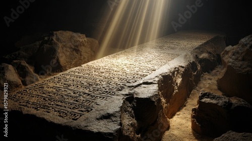Ancient stone tablet with intricate carvings illuminated by soft rays of light in a dark cave environment showcasing historical artistry and cultural significance