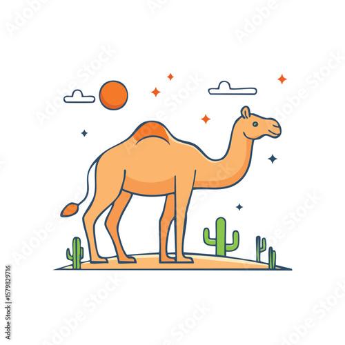 Side View of a Camel in Desert Pose with Bold Thick Line – Minimalist Vector Illustration of Standing Camel in Clean Outline for Icon or Poster Use
