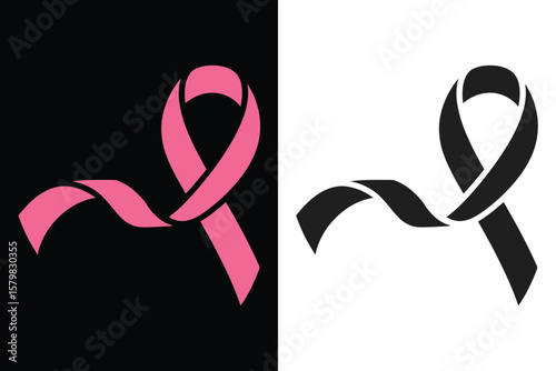 Pink ribbon symbol for breast cancer awareness on black and white backgrounds silhouette