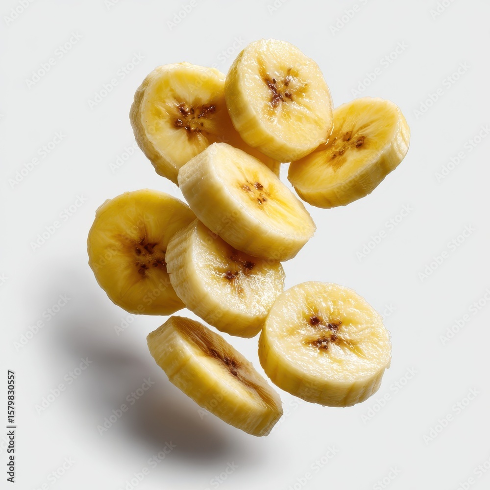 Pile of fresh banana slices floating in the air isolated on white background. Pile of fresh banana slices floating in the air isolated on white background.