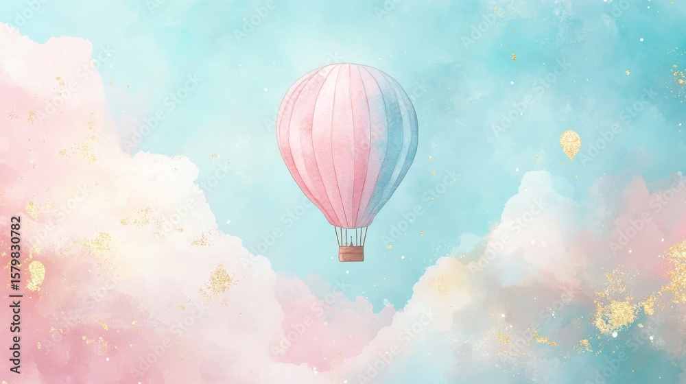 Obraz premium Hot air balloon flying in a dreamy sky with clouds