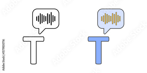 Text-to-speech tool icon with the letter “T” transforming into sound waves, ideal for voice synthesis, accessibility support, and assistive reading technology illustrations.