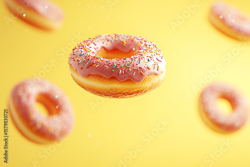Floating donuts with pink icing and sprinkles against a vibrant yellow background
