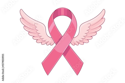 Pink ribbon with delicate angel wings symbolizing hope and support for breast cancer awareness silhouette