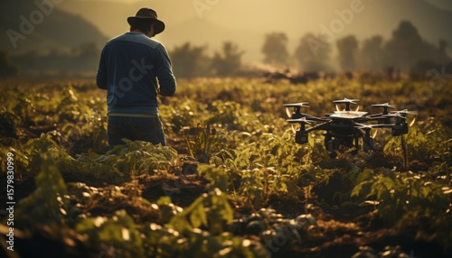 A farmer using a drone to survey crops in a field